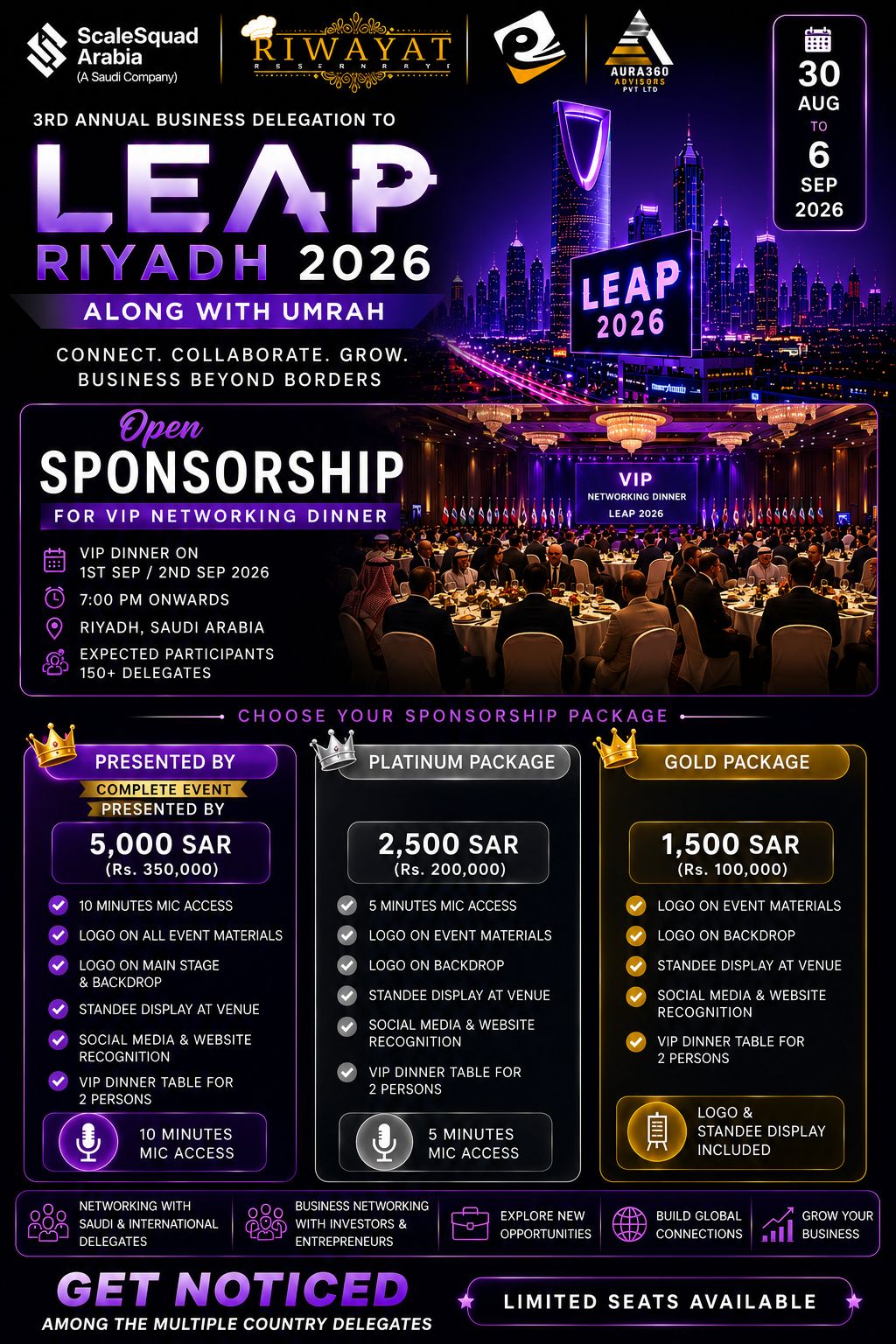 Business Delegation to LEAP Riyadh 2026 — open sponsorship for the VIP networking dinner, with Presented By, Platinum and Gold packages, networking benefits and limited seats.